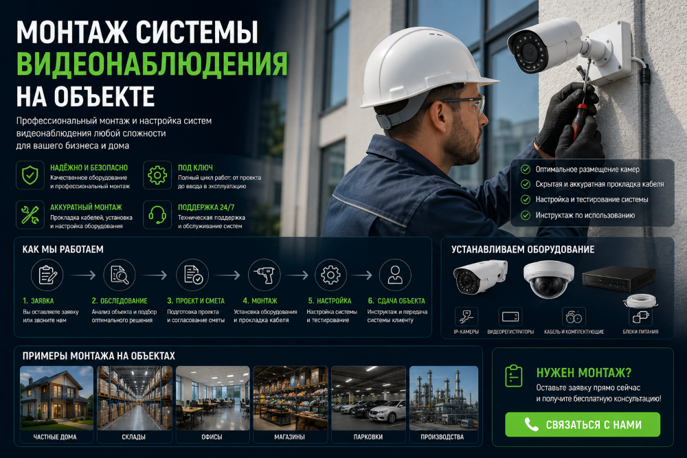 Монтаж системы видеонаблюдения на объекте